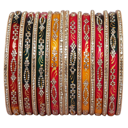 Rajasthani short lac bangles set with handpainted golden leaf pattern and sparkling stone work, traditional Jaipur bangles for bridal and festive wear.