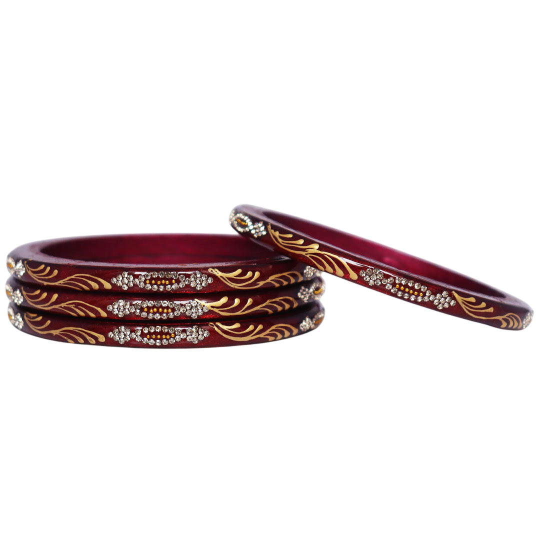 Handmade Pure Lac Bangles for Women with Handpainted Golden Leaf & White Rhinestone Stone Work, Traditional Jaipur Rajasthani Bangles Set of 4 by TAJ BRIDAL STORE