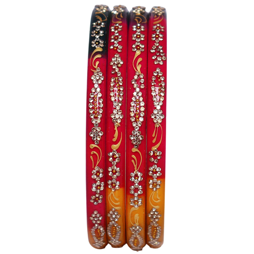 Premium Handmade Jaipur Rajasthani Pure Lac Bangles with Golden Leaf Artwork and White Rhinestone Detailing for Bridal & Festive Wear