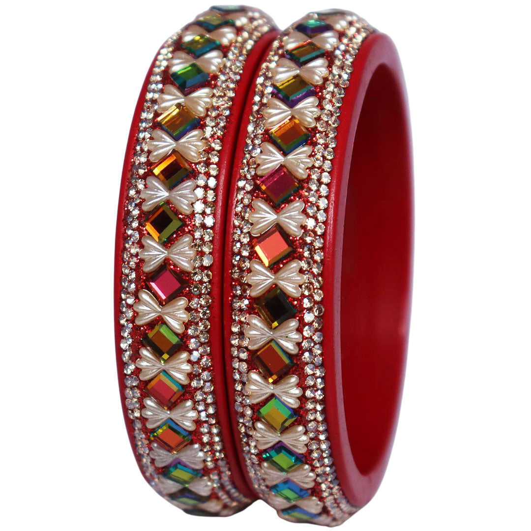 Handmade Jaipuri Lac Kada Bangles Set of 2 with Rainbow Artificial Stones