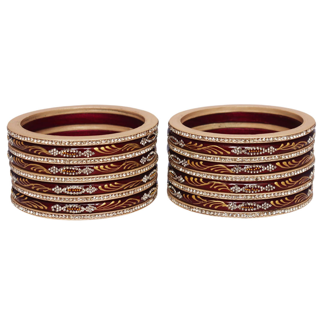 Handcrafted Rajasthani short lac bangles with golden leaf handpainting and rhinestone detailing, premium Jaipur bangles set of 18 for women in glossy maroon.