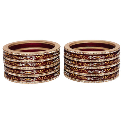 Handcrafted Rajasthani short lac bangles with golden leaf handpainting and rhinestone detailing, premium Jaipur bangles set of 18 for women in glossy maroon.