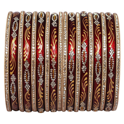 Handcrafted Rajasthani short lac bangles with golden leaf handpainting and rhinestone detailing, premium Jaipur bangles set of 18 for women in glossy maroon.