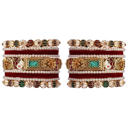 Elegant Rajwadi Bridal Bangles for Women with Handmade Meenakari Work Velvet Bangles and Pearl Bangles