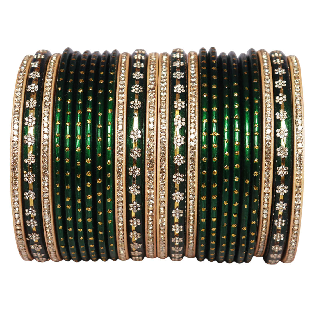 Handmade Green Lac Bangles Set for Women with Rhinestone Design | Traditional Sawan & Teej Bangles by TAJ BRIDAL STORE