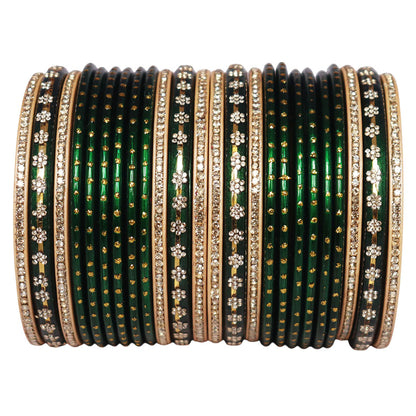 Handmade Green Lac Bangles Set for Women with Rhinestone Design | Traditional Sawan & Teej Bangles by TAJ BRIDAL STORE