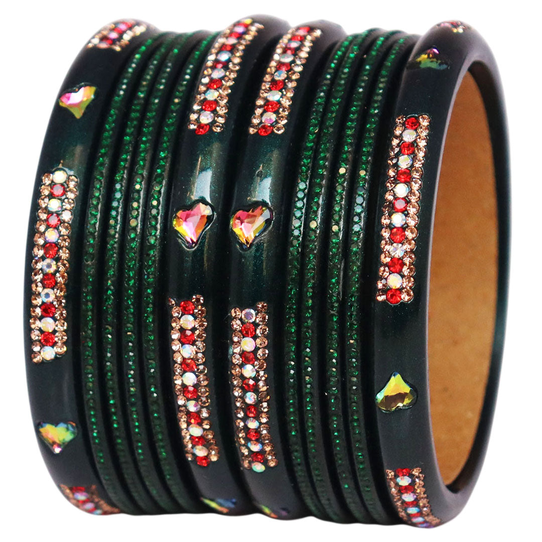 Jaipuri Lac Short Bangles with Heart Shape Kundan & Rhinestones