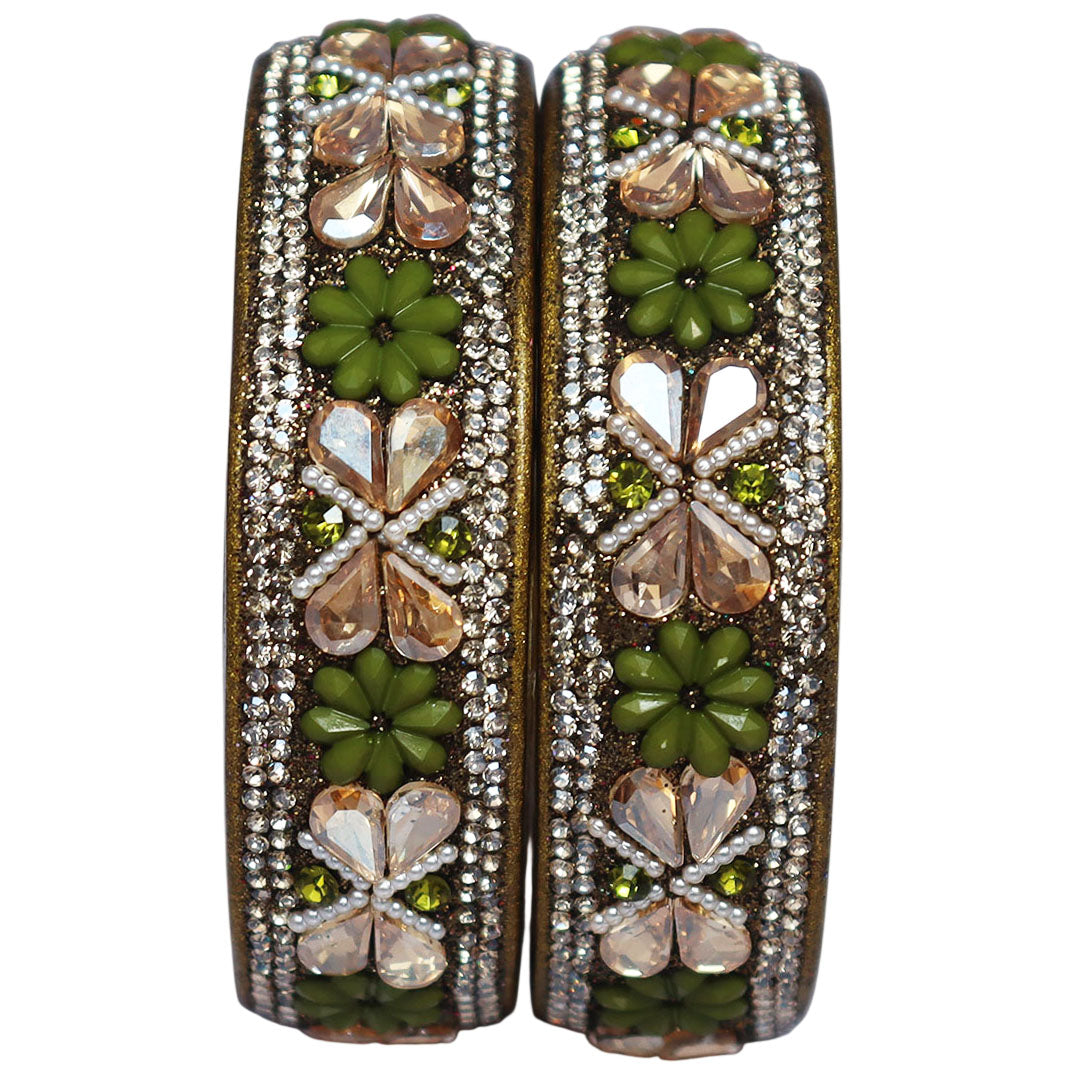 Designer Kundan Lac Bangles with Floral Rhinestones & Pearl Work by TAJ BRIDAL STORE