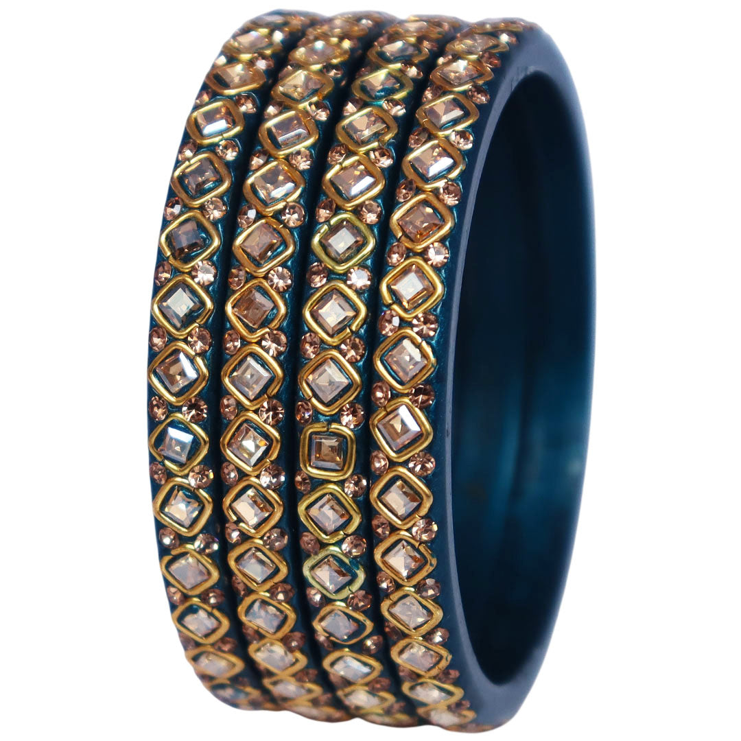 Premium lac bangles for women with square Kundan and rhinestone design, handmade traditional Rajasthani wedding and festive bangles set of 4 by TAJ BRIDAL STORE