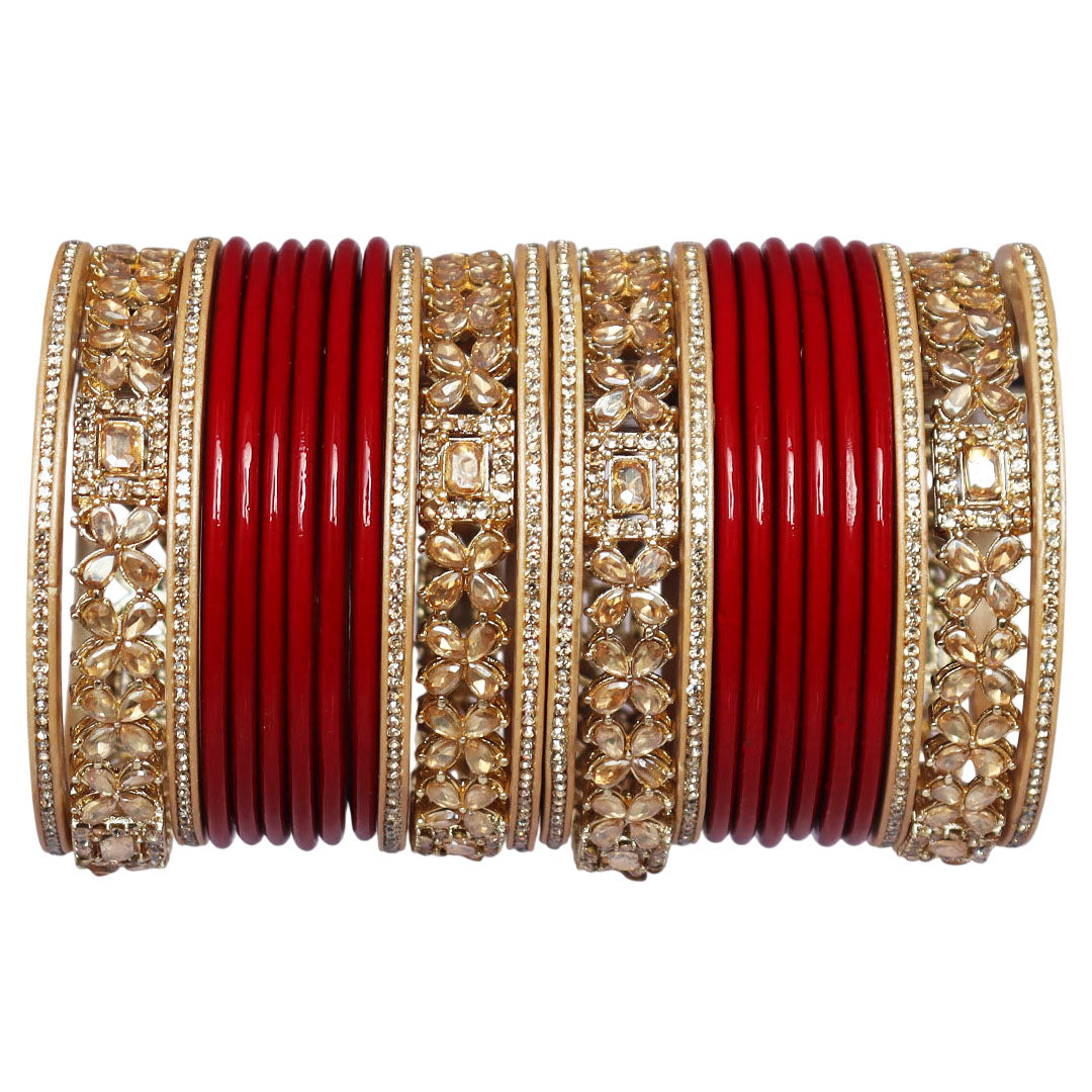 Karwa Chauth red lac bangles with AD stones and Kundan design