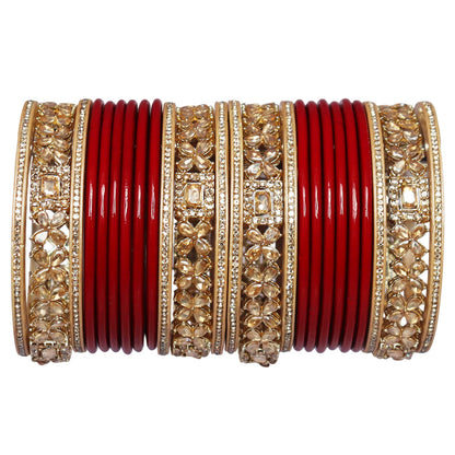 Karwa Chauth red lac bangles with AD stones and Kundan design