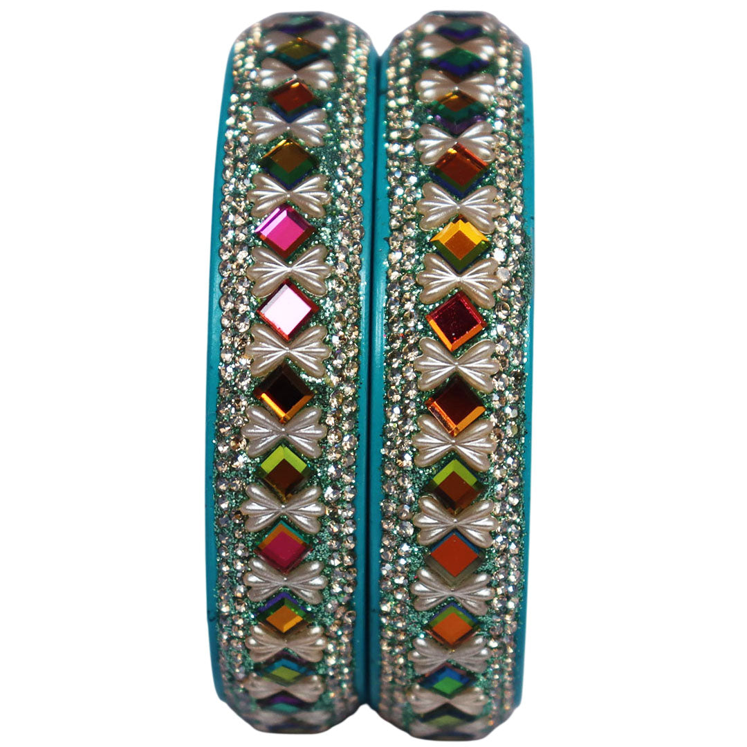 Premium Handmade Lac Kada Bangles for Women with Rainbow Artificial Stone Design – Set of 2
