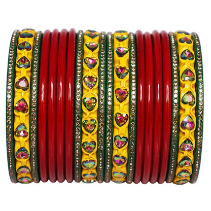 Traditional Rajasthani Lac Bangles Set for Women | Red, Green & Yellow Handmade Bridal Bangles with Multicolor Heart Stone Design By TAJ BRIDAL STORE