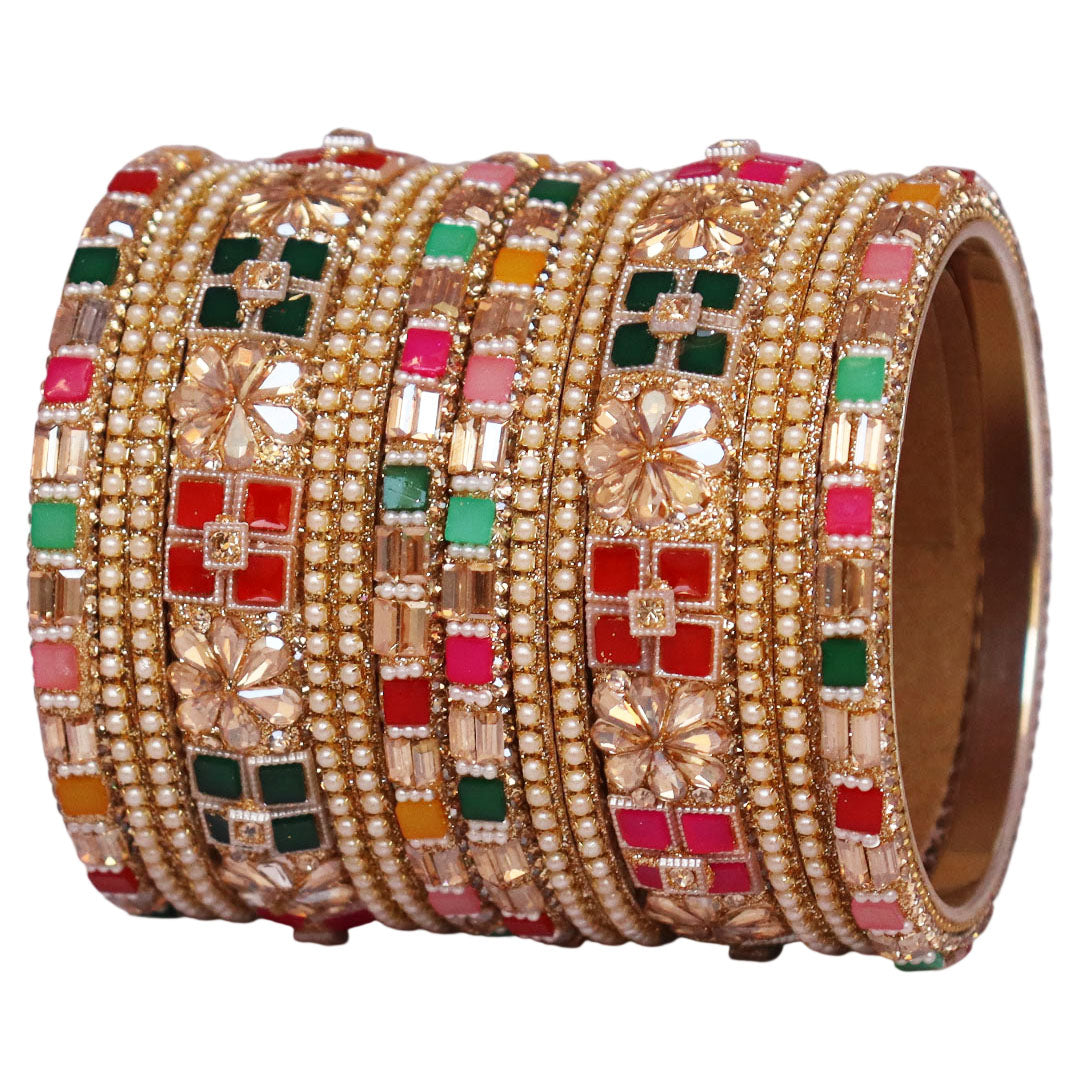 Designer Metal Short Bangles for Wedding with Kundan & Pearl Work