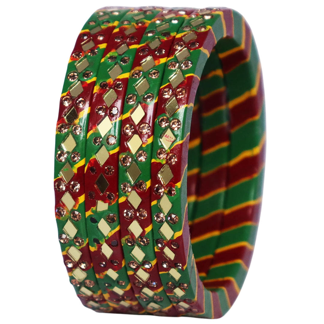 Traditional Rajasthani Leheriya Lac Bangles for Women | Handmade Mirror Work & Rhinestone Bangles by TAJ BRIDAL STORE