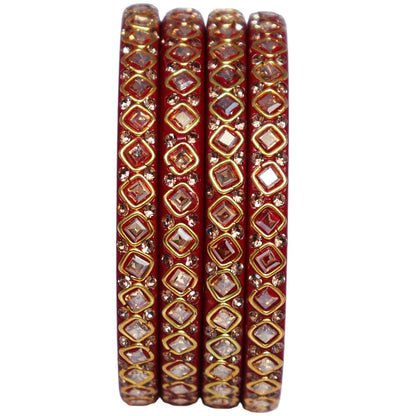 Traditional Rajasthani premium lac bangles with square Kundan and rhinestone design for women, handcrafted wedding jewellery set of 4