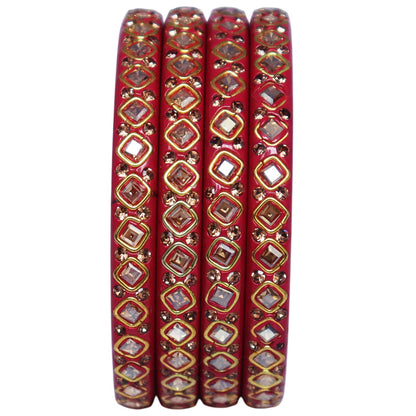 Traditional Rajasthani premium lac bangles with square Kundan and rhinestone design for women, handcrafted wedding jewellery set of 4