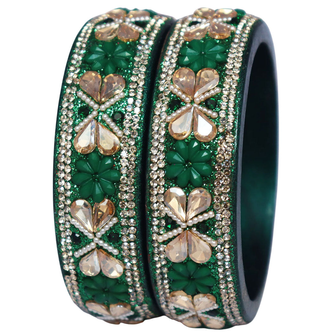 Designer Kundan Lac Bangles with Floral Rhinestones & Pearl Work by TAJ BRIDAL STORE