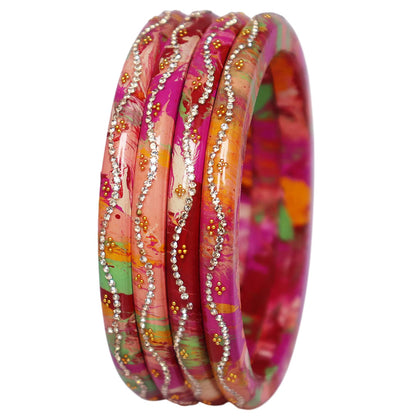 Traditional Rajasthan Handmade Lac Bangles for Women Designer Glossy Rhinestone Wave Pattern Jewelry Set