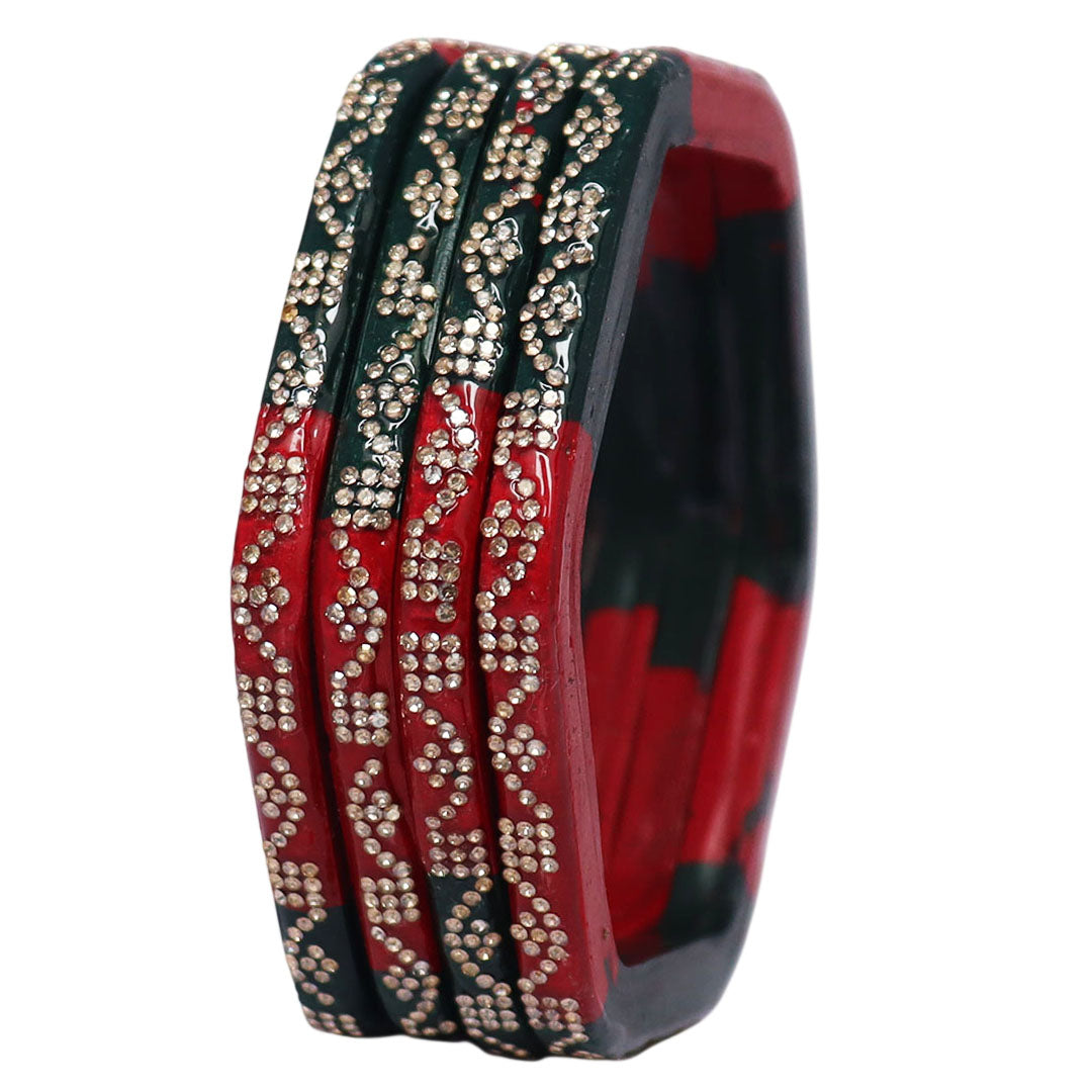 Red & Green Handmade Hexagon Lac Bangles with Stone Work for Women | Traditional Bridal & Festive Bangle Set of 4
