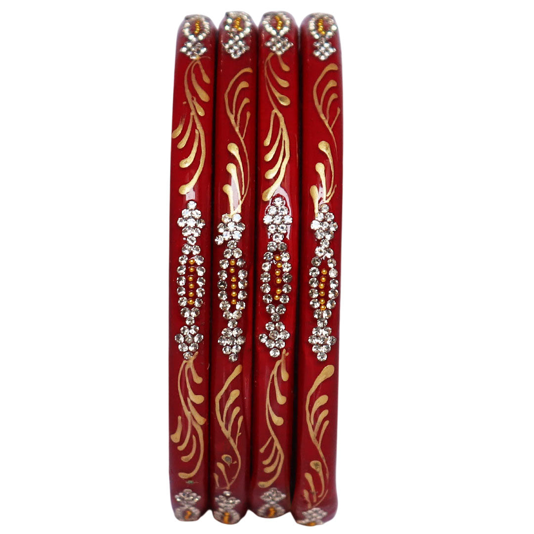Handmade Pure Lac Bangles for Women with Handpainted Golden Leaf & Stone Work | Traditional Jaipur Rajasthani Bangles | Set of 4 | TAJ BRIDAL STORE