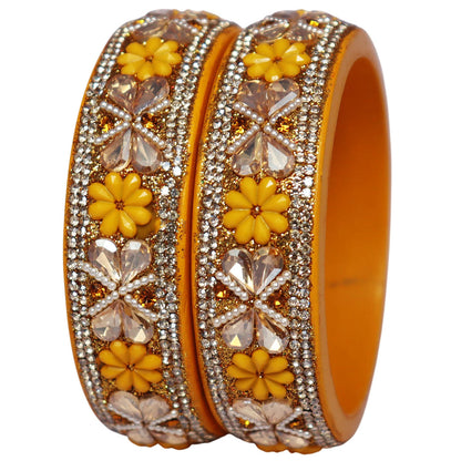 Designer Kundan Lac Bangles with Floral Rhinestones & Pearl Work by TAJ BRIDAL STORE