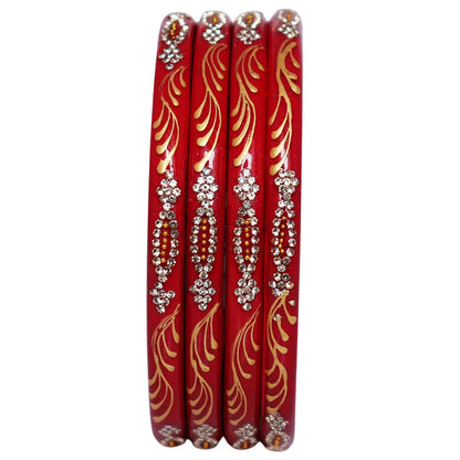 Elegant Handmade Pure Lac Bangles for Women with Handpainted Golden Leaf Pattern and White Stone Work, Traditional Indian Jewellery