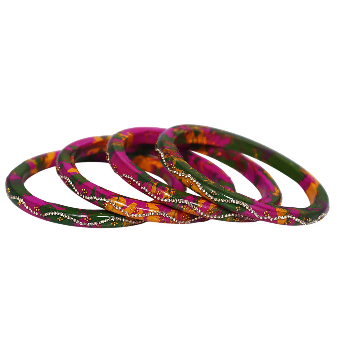 Handmade Rajasthani Pure Lac Bangles for Women Featuring Rhinestone Wave Pattern and Premium Glossy Finish Set of 4