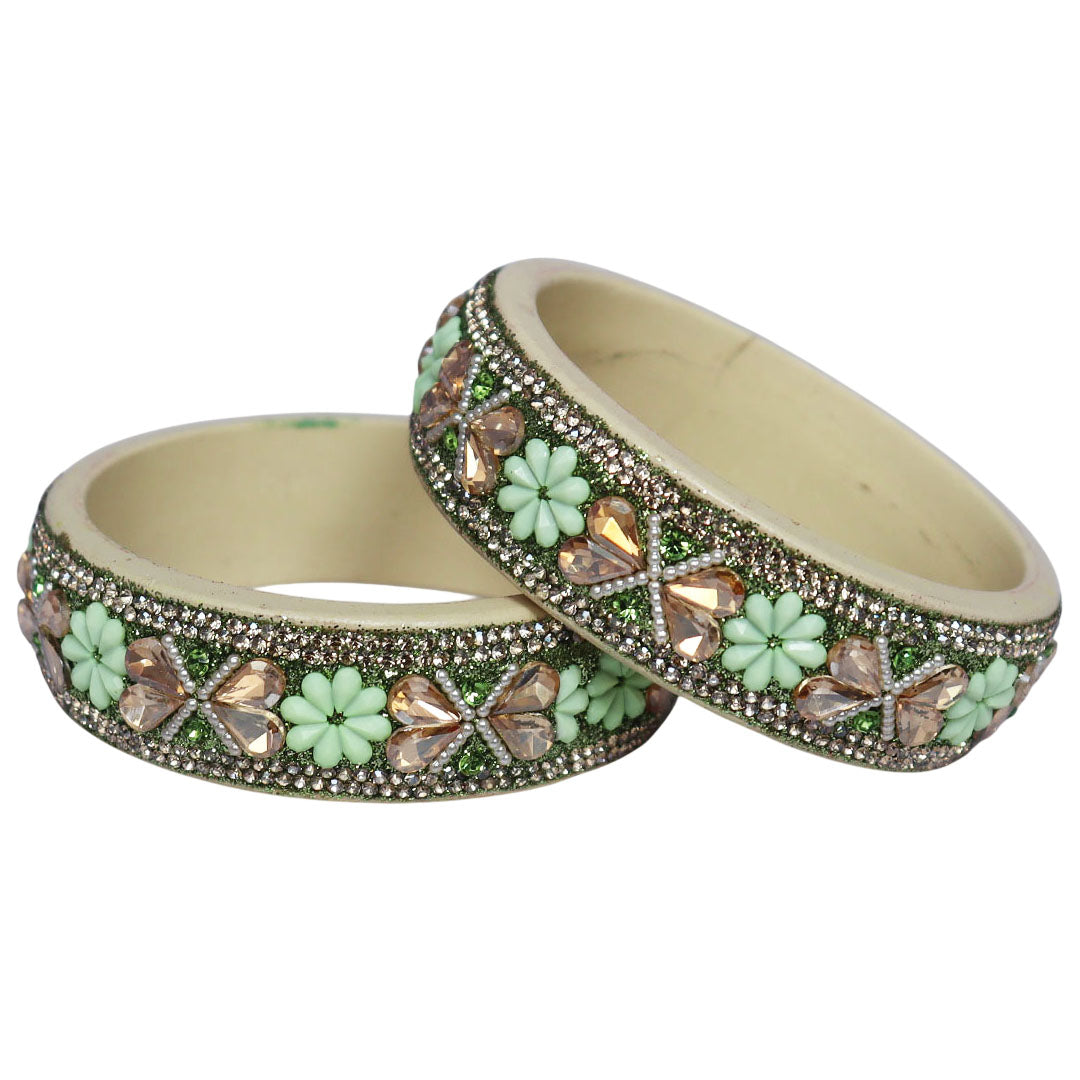 Designer Kundan Lac Bangles with Floral Rhinestones & Pearl Work by TAJ BRIDAL STORE