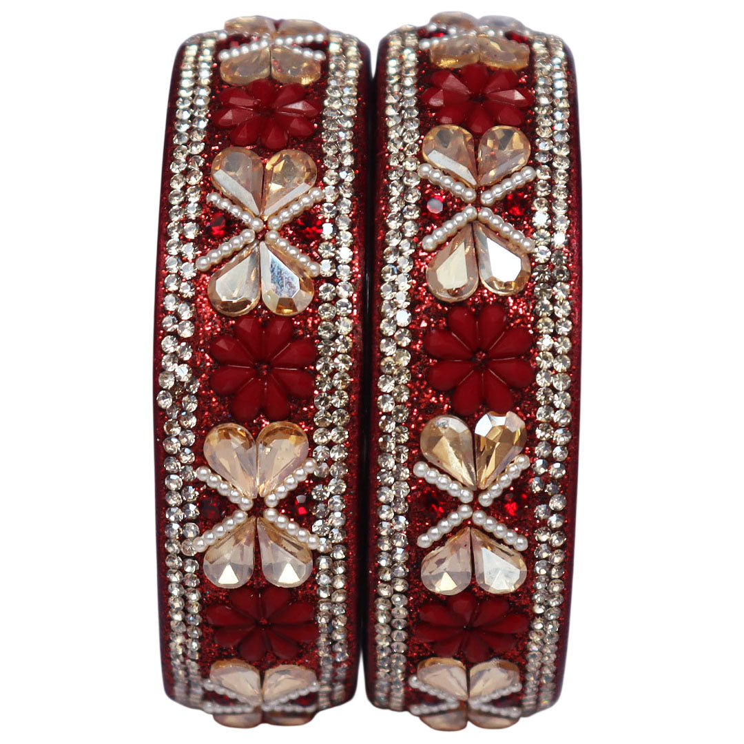 Designer Kundan Lac Bangles with Floral Rhinestones & Pearl Work by TAJ BRIDAL STORE