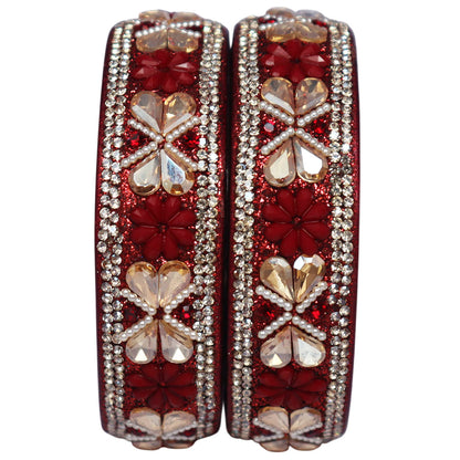 Designer Kundan Lac Bangles with Floral Rhinestones & Pearl Work by TAJ BRIDAL STORE