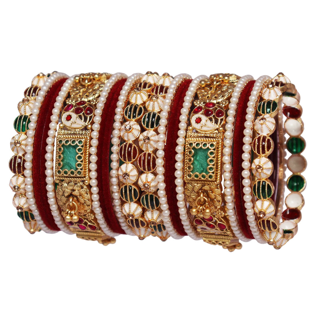 Red Golden Cream Bridal Bangles Set with Velvet Bangles Kundan Work and Traditional Rajwadi Style Metal Kada