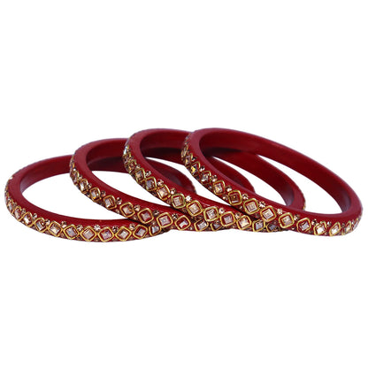 Traditional Rajasthani premium lac bangles with square Kundan and rhinestone design for women, handcrafted wedding jewellery set of 4