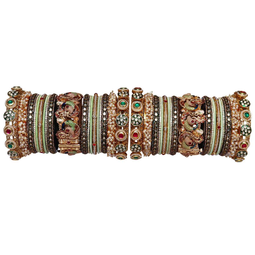 Luxury Sea Green Rajwadi Wedding Bangles Set with Peacock Metal Kada, Kundan stones, rhinestones, synthetic pearls, and handcrafted antique finish by TAJ BRIDAL STORE.