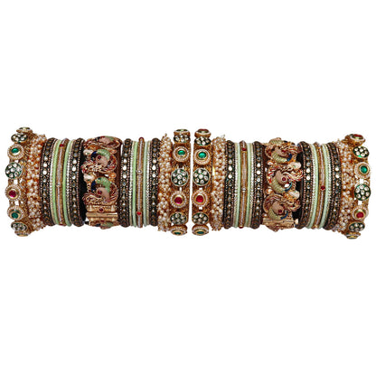 Luxury Sea Green Rajwadi Wedding Bangles Set with Peacock Metal Kada, Kundan stones, rhinestones, synthetic pearls, and handcrafted antique finish by TAJ BRIDAL STORE.