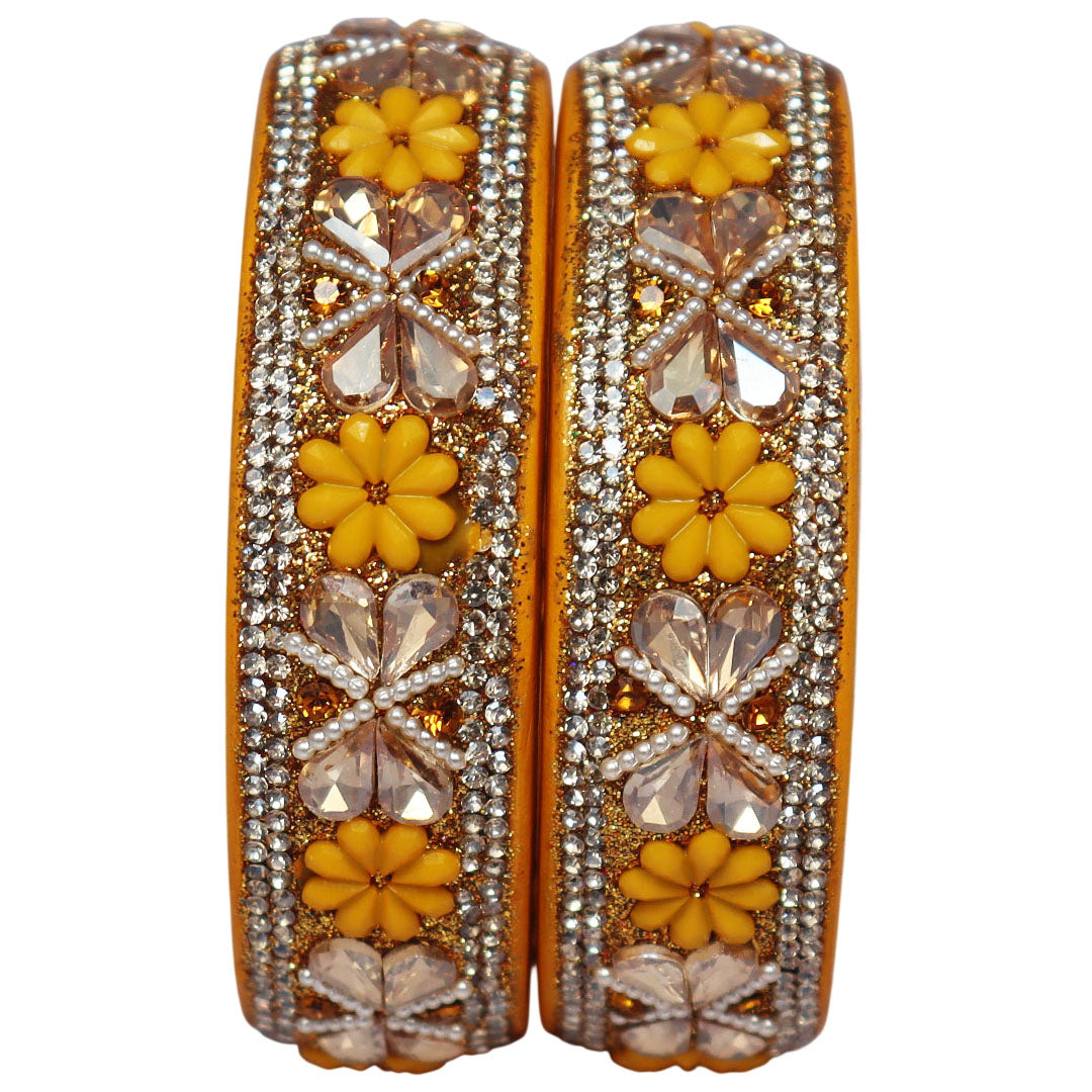 Designer Kundan Lac Bangles with Floral Rhinestones & Pearl Work by TAJ BRIDAL STORE