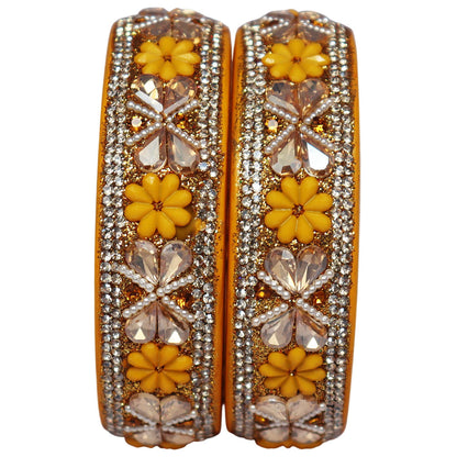 Designer Kundan Lac Bangles with Floral Rhinestones & Pearl Work by TAJ BRIDAL STORE