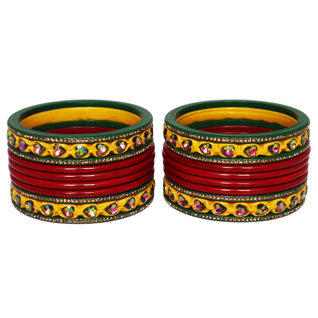Traditional Rajasthani Lac Bangles Set for Women | Red, Green & Yellow Handmade Bridal Bangles with Multicolor Heart Stone Design By TAJ BRIDAL STORE
