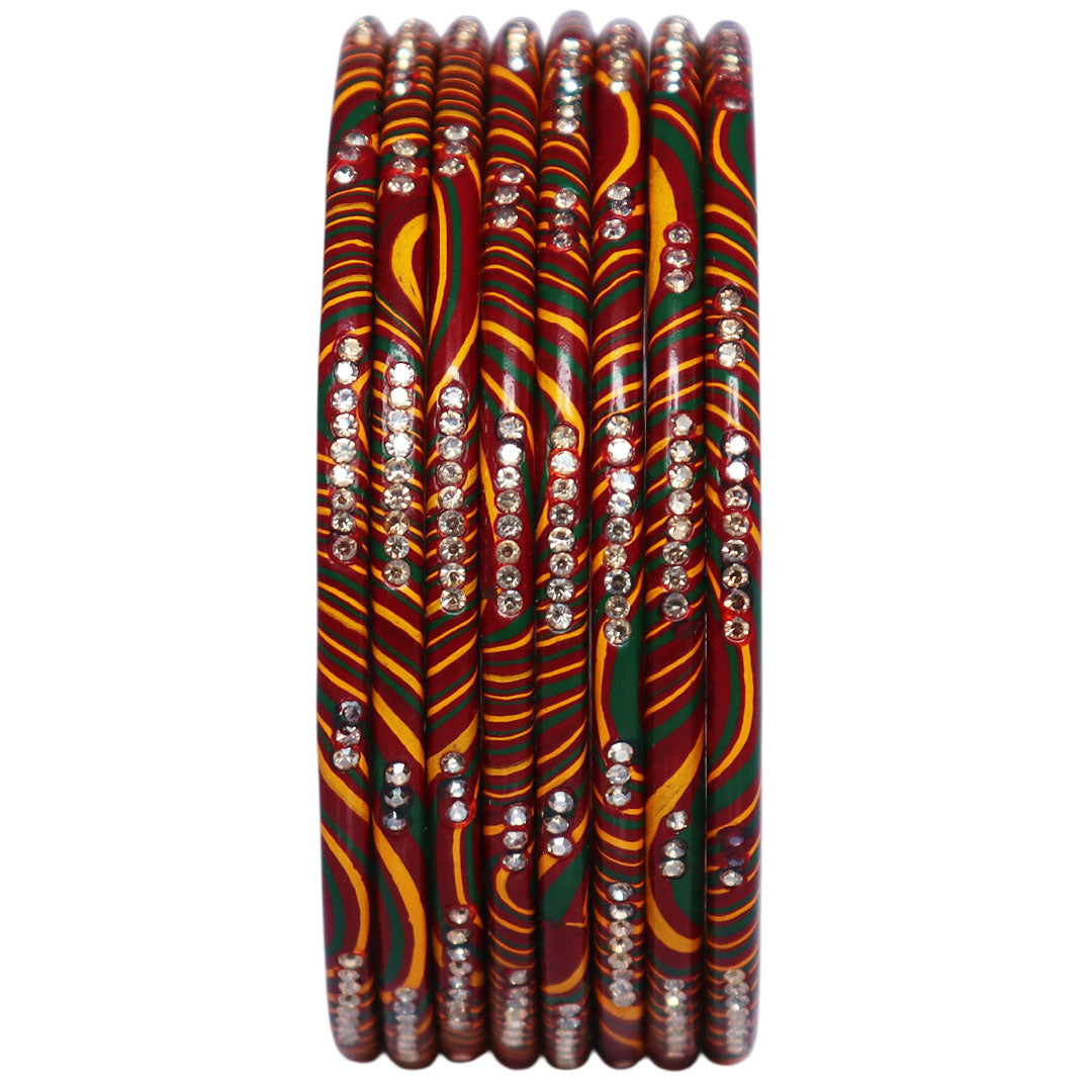 Handmade Leheriya Pure Lac Bangles Set for Women with Rhinestone Work – Glossy Multicolor Set of 8