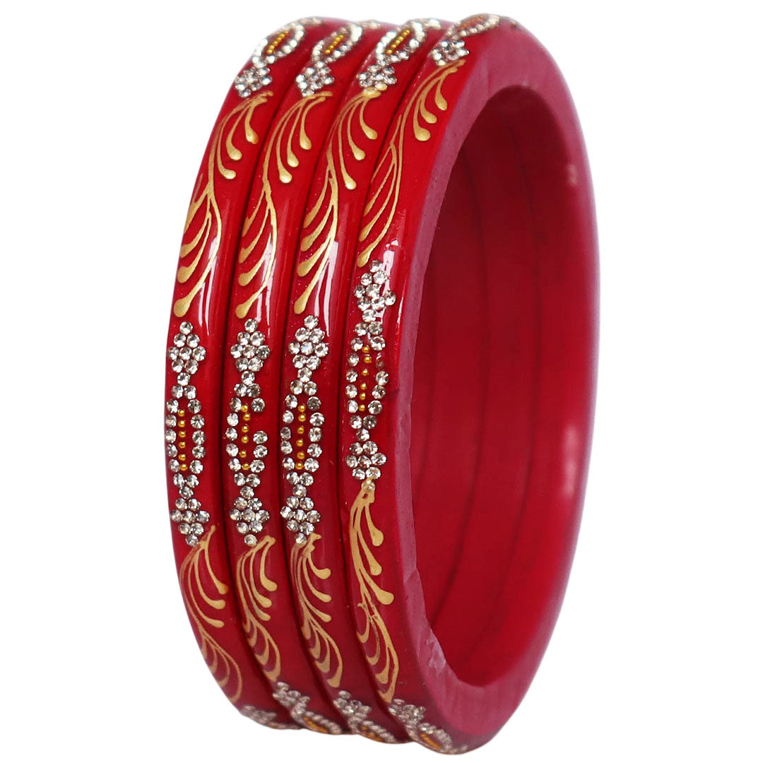 Handmade Pure Lac Bangles for Women with Handpainted Golden Leaf & Stone Work | Traditional Jaipur Rajasthani Bangles | Set of 4 | TAJ BRIDAL STORE
