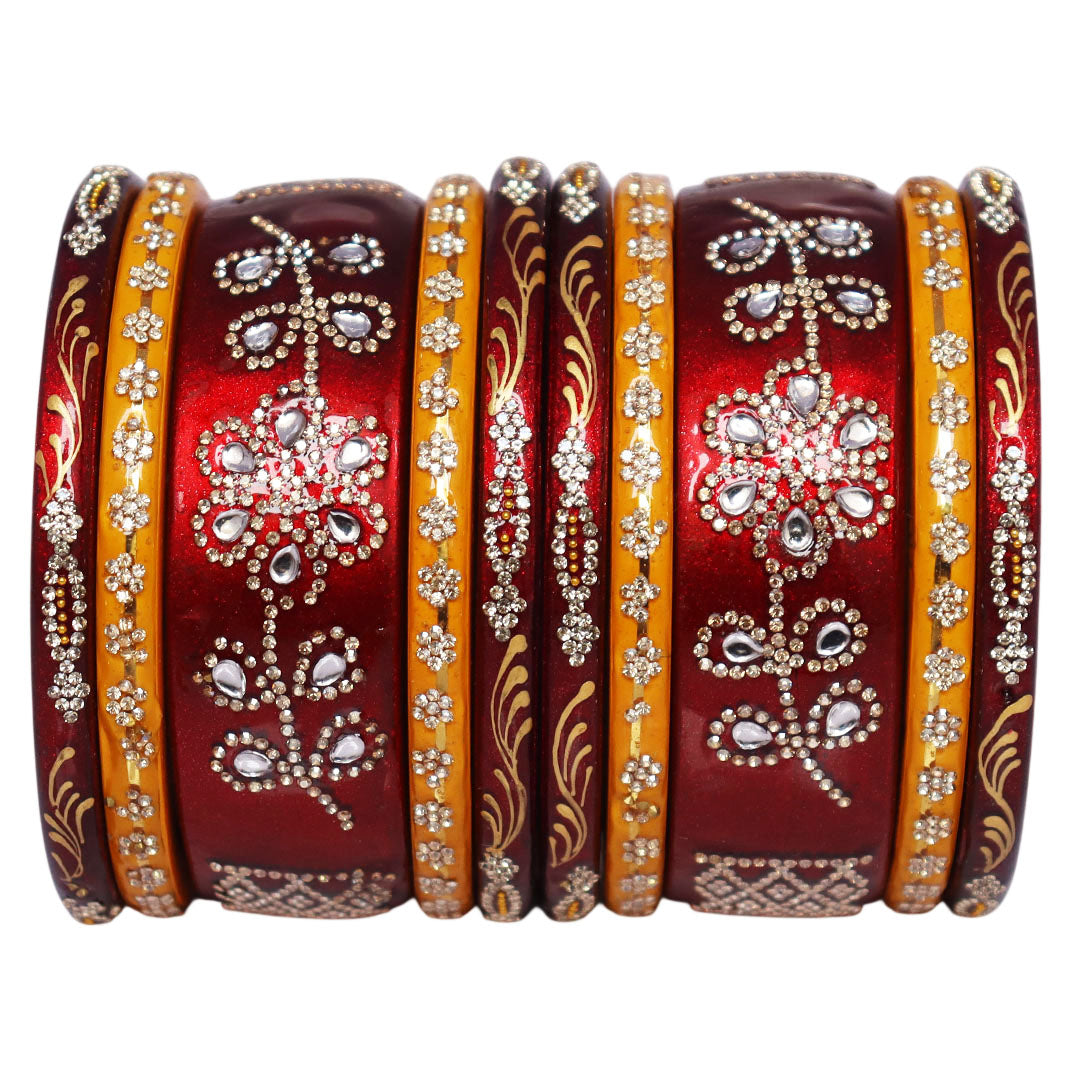 Handmade Maroon & Red Jaipuri Lac Bangles Set for Women with Floral Rhinestone Work and Handpainted Golden Leaf Design
