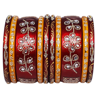 Handmade Maroon & Red Jaipuri Lac Bangles Set for Women with Floral Rhinestone Work and Handpainted Golden Leaf Design