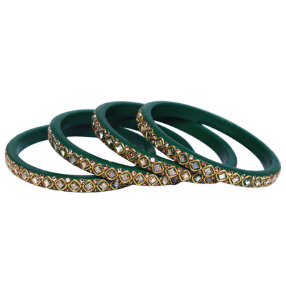 Handmade lac bangles for women featuring square Kundan stones and rhinestone embellishments, traditional Rajasthani festive and wedding bangles set of 4