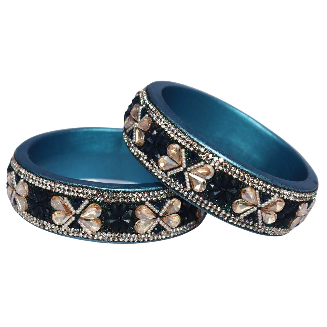 Designer Kundan Lac Bangles with Floral Rhinestones & Pearl Work by TAJ BRIDAL STORE