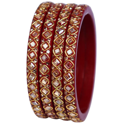 Traditional Rajasthani premium lac bangles with square Kundan and rhinestone design for women, handcrafted wedding jewellery set of 4