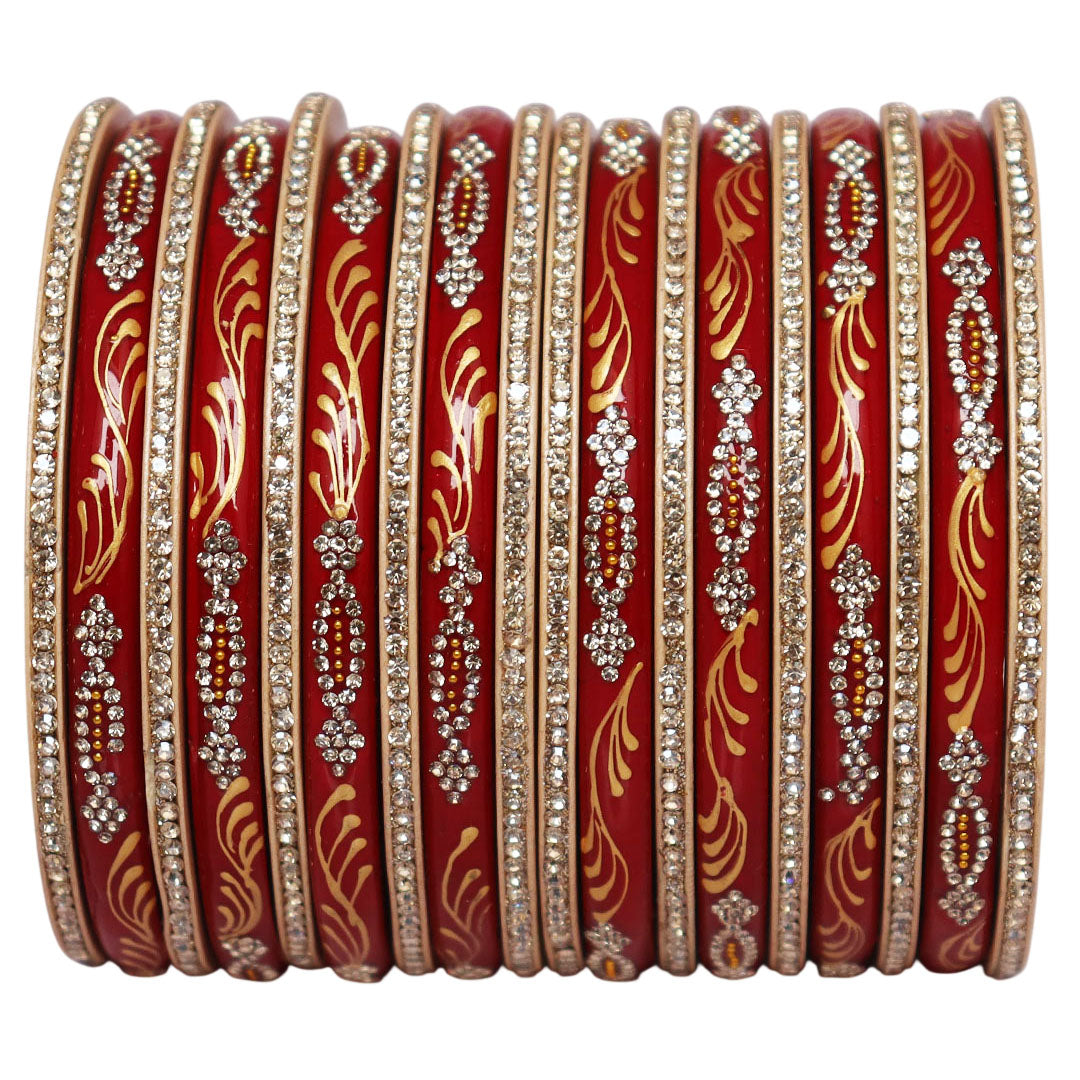 Traditional Jaipur lac bangles set for women with handpainted golden leaf artwork and stone work, glossy premium Rajasthani short bangles for weddings and festivals.