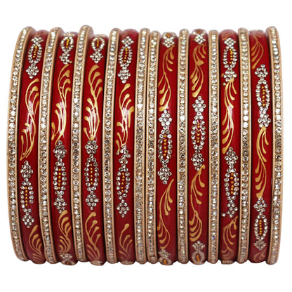 Traditional Jaipur lac bangles set for women with handpainted golden leaf artwork and stone work, glossy premium Rajasthani short bangles for weddings and festivals.