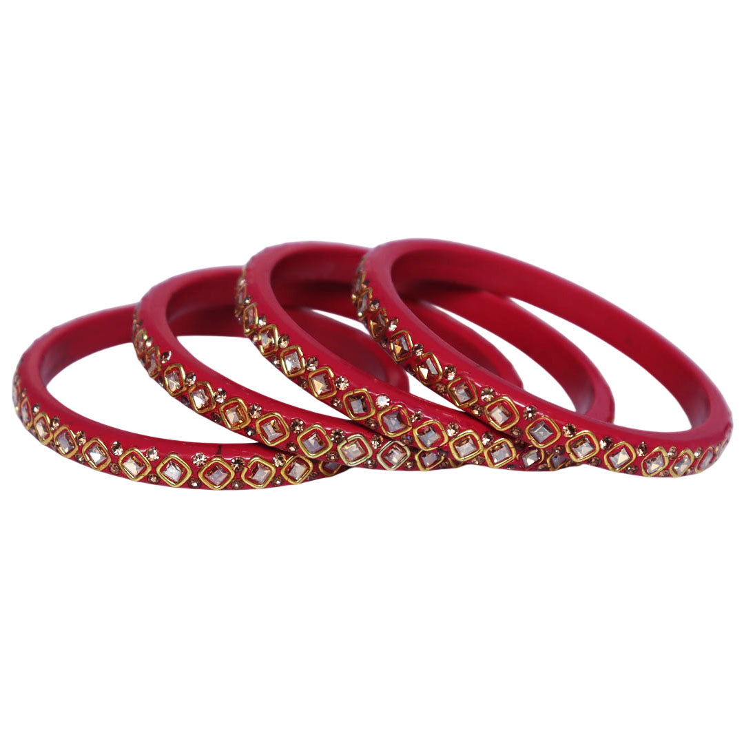 Traditional Rajasthani premium lac bangles with square Kundan and rhinestone design for women, handcrafted wedding jewellery set of 4
