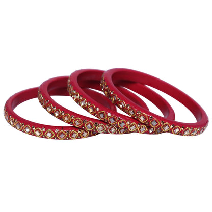 Traditional Rajasthani premium lac bangles with square Kundan and rhinestone design for women, handcrafted wedding jewellery set of 4