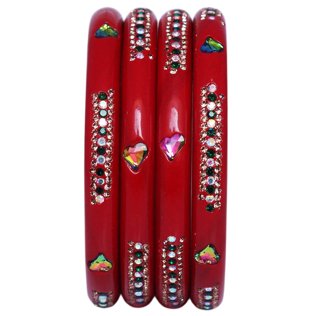 Rajasthani Lac Bangles with Heart Shape Kundan & Rhinestones